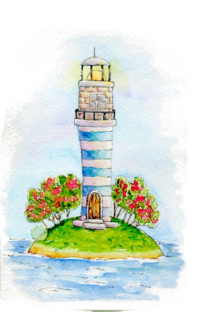 watercolor lighthouse magic white blue stripe, green trees with red flowersの写真素材