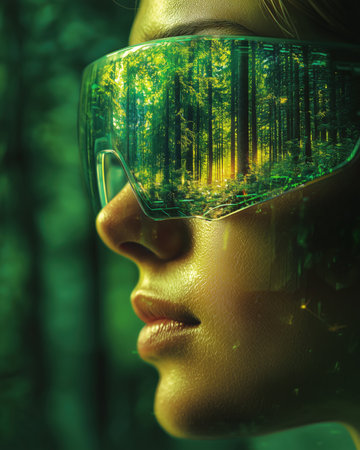 Double exposure portrait of a beautiful woman in futuristic glasses. Futuristic city concept.の素材