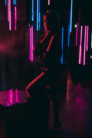 Silhouette of attractive young woman standing against a wall of neon tubes in sexy lingerie and fully openned kimono with naked shouldersの写真素材