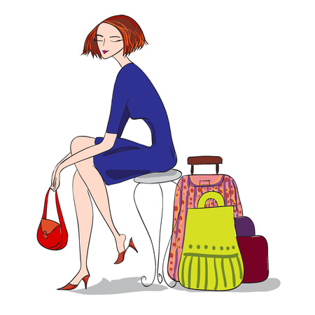 Sitting woman with bagsのイラスト素材