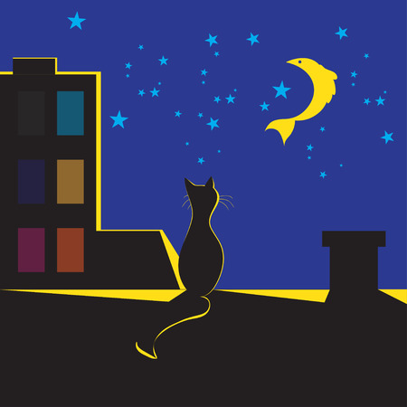 Cat on the roof at nightのイラスト素材
