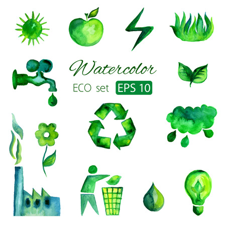Set of eco green watercolor iconsのイラスト素材
