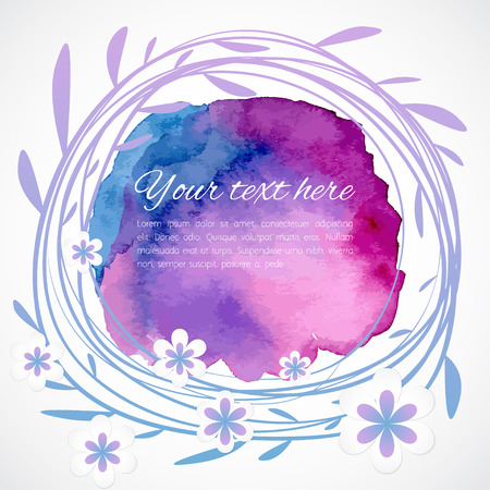 Cute background with watercolor blob, branches, leafs, flowers and copyspaceのイラスト素材