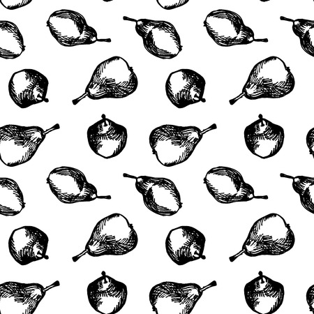 Black and white hand drawn seamless background with pears