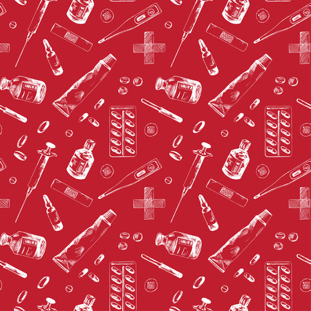 Red seamless pattern with different medicine itemsのイラスト素材