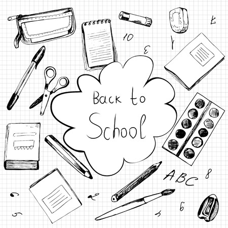School background with different objects and copy space with word "Back to school"のイラスト素材