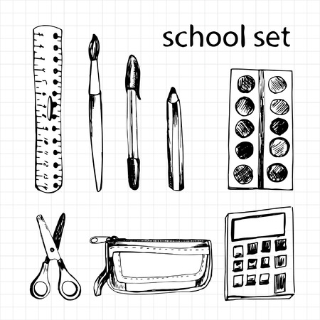 Set of different school items: ruler, scissors, pen, pencil, calculator, brush, pencil-case, paintsのイラスト素材