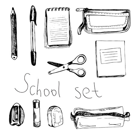 School set with notebooks, scissors, rubber, sharpener; eraser, pencil-box, pen and pensilのイラスト素材