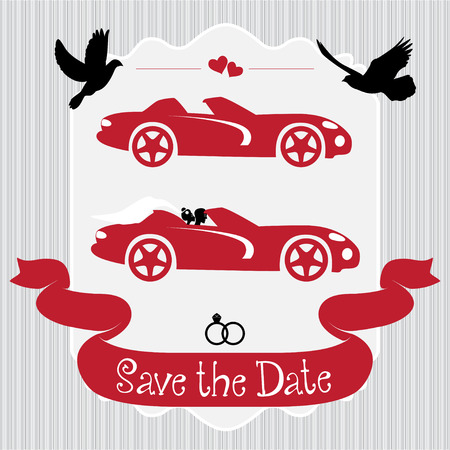 Vintage wedding frame with convertible and pigeonsのイラスト素材