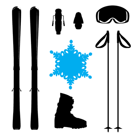 Set of skiing equipment silhouette with snowflakeのイラスト素材