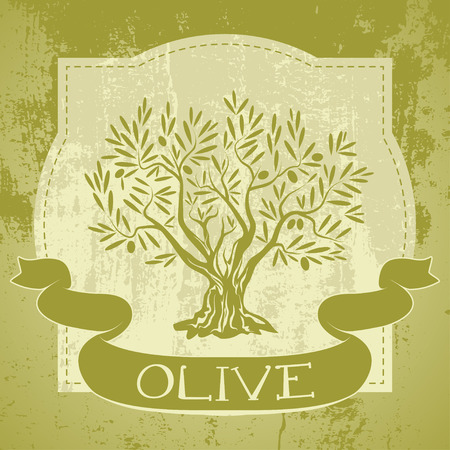 Grunge vintagee label with olive tree and ribbonのイラスト素材