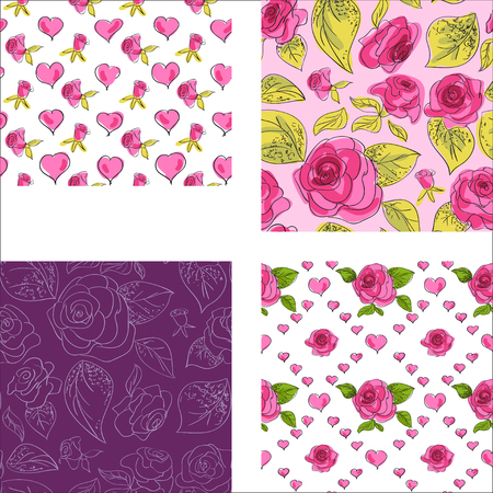 Set of seamless patterns with pink roses and leafsのイラスト素材