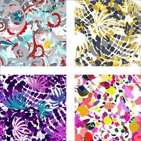 Colorful abstract seamless pattern with different shapes and flowersのイラスト素材