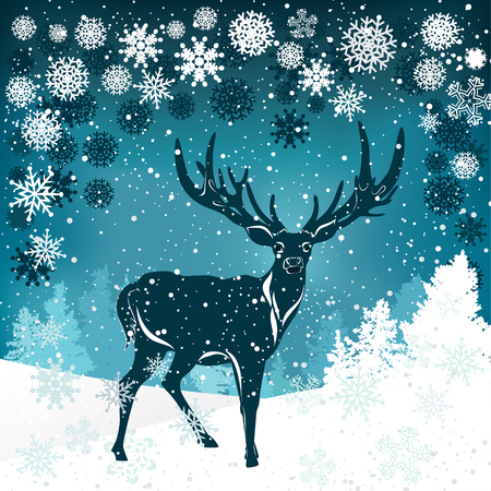Silhouette of deer with big antler on winter backgroundのイラスト素材
