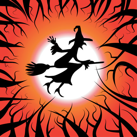 Flying witch on the broom in the dark red skyのイラスト素材