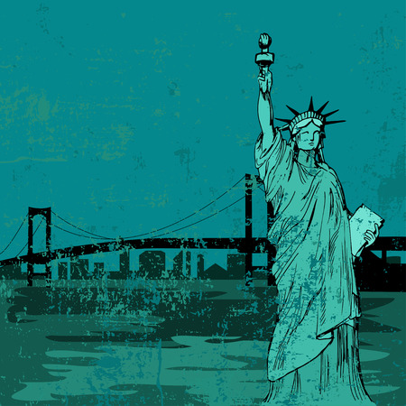 Hand drawn Liberty statue and bridge - vectorのイラスト素材