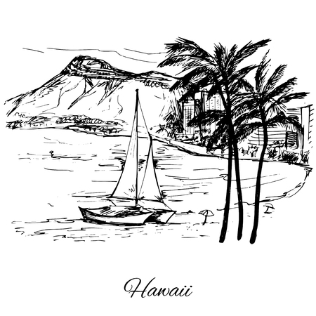 Hand drawn sail ner the island Hawaiiのイラスト素材