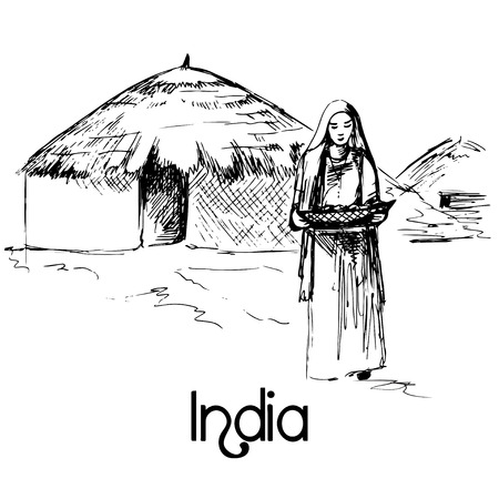 Hand drawn indian woman with foodのイラスト素材