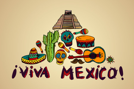 Seamless pattern with mexican symbols - Viva Mexico. Isolated on white background.のイラスト素材