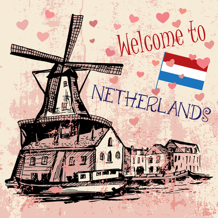 Traditional Netherlands landscape with windmills, flag and many heart shapes on grunge backgroundのイラスト素材