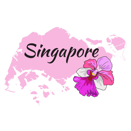 Singapore map with Orchid Vanda "Miss Joaquim"のイラスト素材