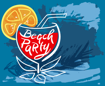 Colorful summer card "Beach party" with lemon on grunge blue backgroundのイラスト素材