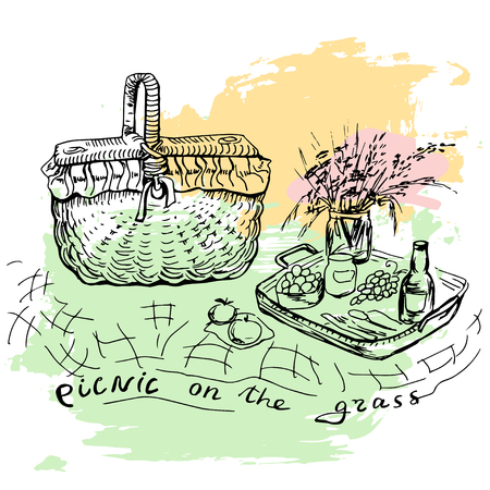 Hand drawn picnic place with big basketのイラスト素材
