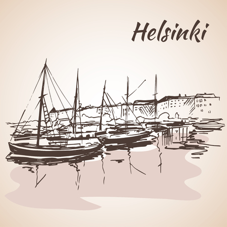 Helsinki - harbor, waterfront. Sketch, Isolated on white backgroundのイラスト素材