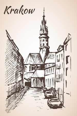 Small street, Krakow, Poland. Sketch. Isolated on white backgroundのイラスト素材