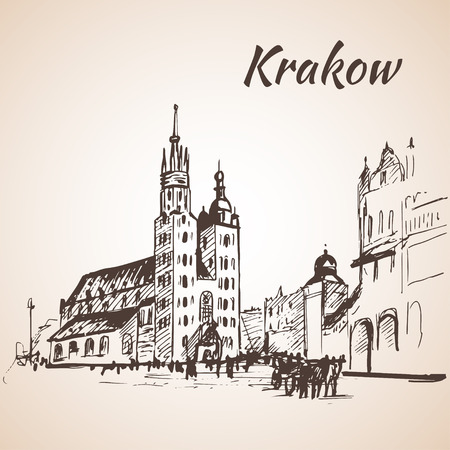 Main Square, Krakow, Poland. Sketch. Isolated on white backgroundのイラスト素材