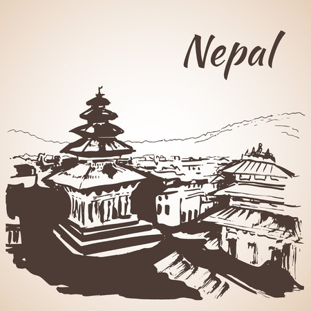 Kathmandu Durbar Square Nepal. Sketch. Isolated on white backgroundのイラスト素材