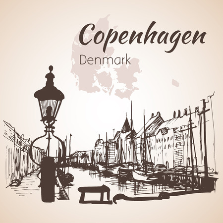 Cityscape of Copenhagen with water and shipsのイラスト素材