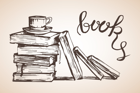 Pile of different books with cup. Isolated on white backgroundのイラスト素材