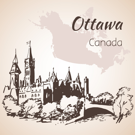 The Gothic Revival Parliament Buildings Ottawa and map. Isolated on white backgroundのイラスト素材