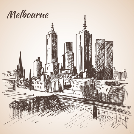 Melbourne city scape sketch - Australia. Isolated on white backgroundのイラスト素材