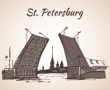 Hand drawn Saint Petersburg bridge and flagのイラスト素材