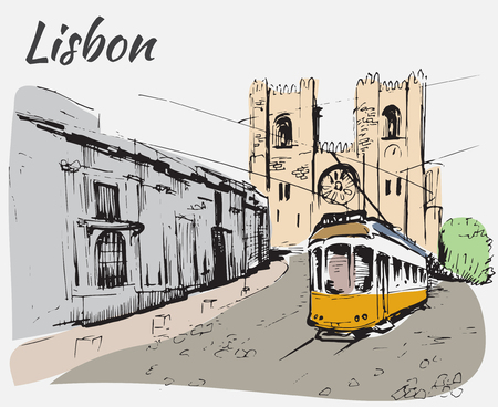 The Patriarchal Cathedral of St. Mary Major or Lisbon Cathedral and tram. Isolated on white backgroundのイラスト素材