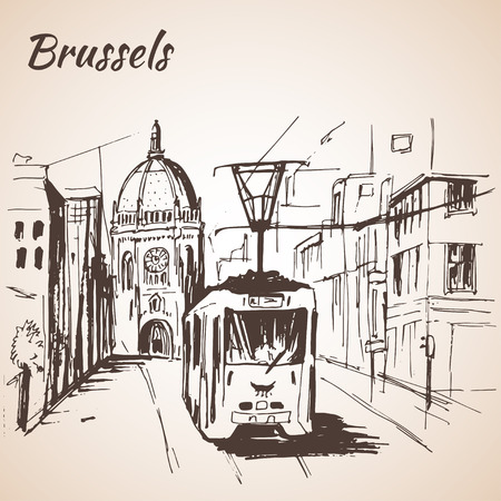 Brussels street view with tram. Isolated on white backgroundのイラスト素材