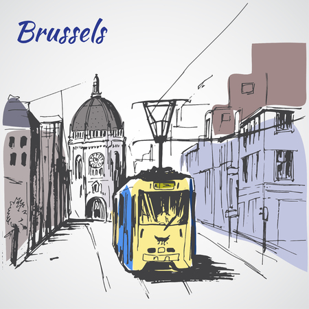 Brussels street view with tram. Isolated on white backgroundのイラスト素材