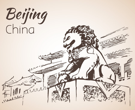 Lion Statue - China. Sketch. Isolated on white backgroundのイラスト素材