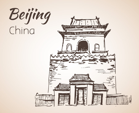 Bell Tower - China attraction. Sketch. Isolated on white backgroundのイラスト素材