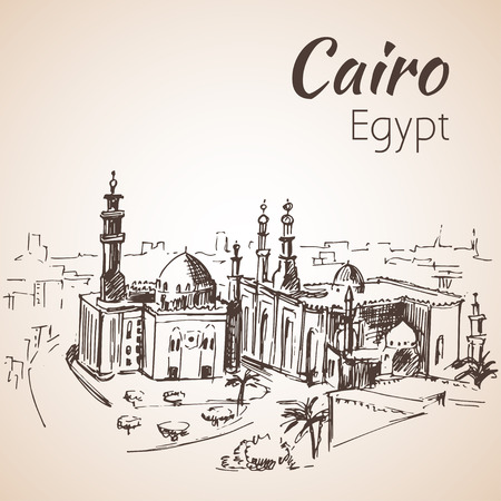 Islamic Cairo and the Mosque of Sultan Hassan. Egypt. Sketch. Isolated on white backgroundのイラスト素材