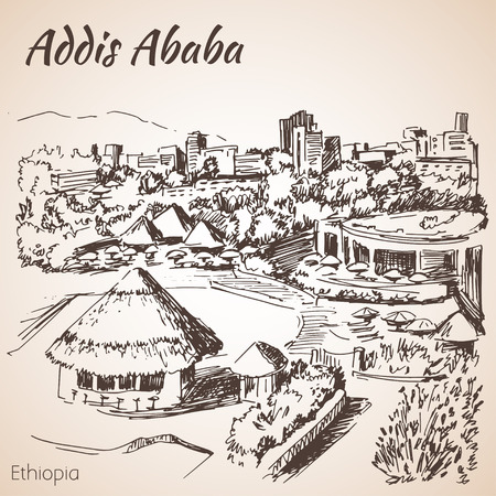 Addis Ababa cityscape - Ethiopia. Sketch. Isolated on white backgroundのイラスト素材