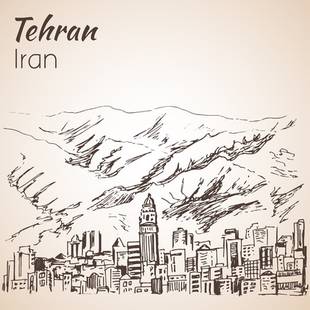 Tehran cityscape - Iran. Sketch. Isolated on white backgroundのイラスト素材