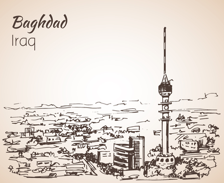 Baghdad cityscape - Iraq. Sketch. Isolated on white backgroundのイラスト素材