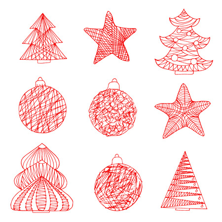 Christmas set with trees and balls. Sketch. Isolated on white backgroundのイラスト素材