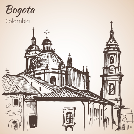 Primatial Cathedral of Bogota. Sketch. Isolated on white backgroundのイラスト素材