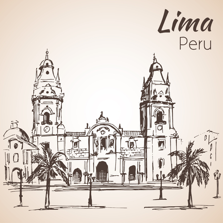 Plaza de armas. Cathedral of Lima; Peru. Sketch. Isolated on white backgroundのイラスト素材