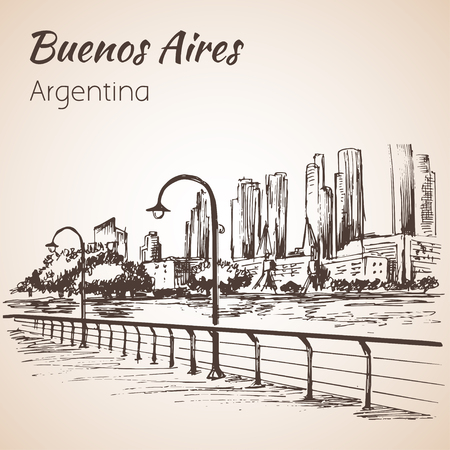 Buenos Aires cityscape seafront.  Argentina. Sketch. Isolated on white background.のイラスト素材