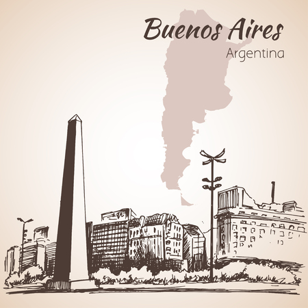 Buenos Aires cityscape with obelisk. Argentina. Sketch. Isolated on white background.のイラスト素材
